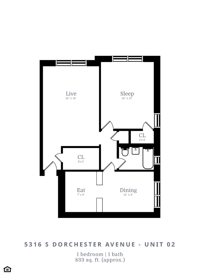 Floor plan for 1 bed, 1 bath, 742 sqft
